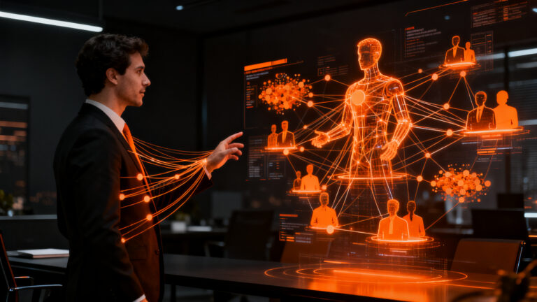Profesional colombiano colaborando con agentes de inteligencia artificial para optimizar la eficiencia operativa en una startup.