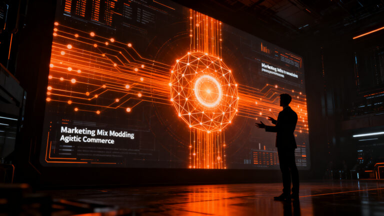 Estratega digital analizando redes neuronales de inteligencia artificial para optimizar el marketing mix en el mercado de LATAM.