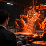 Profesional de la industria supervisando una línea de ensamblaje automatizada con robótica e inteligencia artificial en Advanced Manufacturing Madrid.