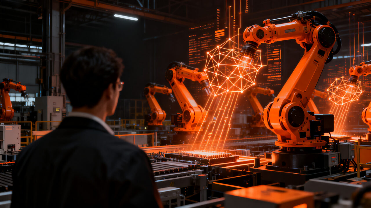 Profesional de la industria supervisando una línea de ensamblaje automatizada con robótica e inteligencia artificial en Advanced Manufacturing Madrid.