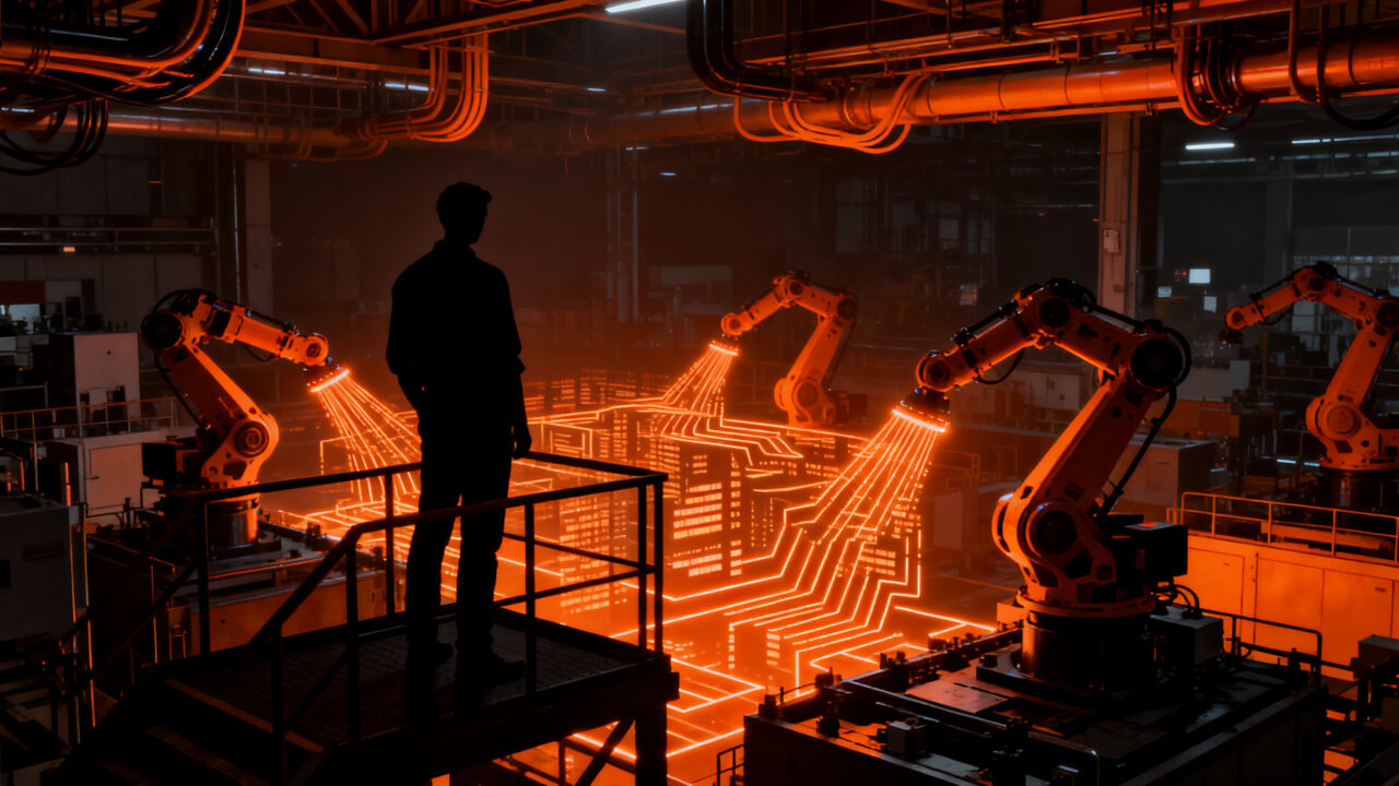 Profesional observando una planta de fabricación avanzada con integración de IA y robótica en Advanced Manufacturing Madrid.