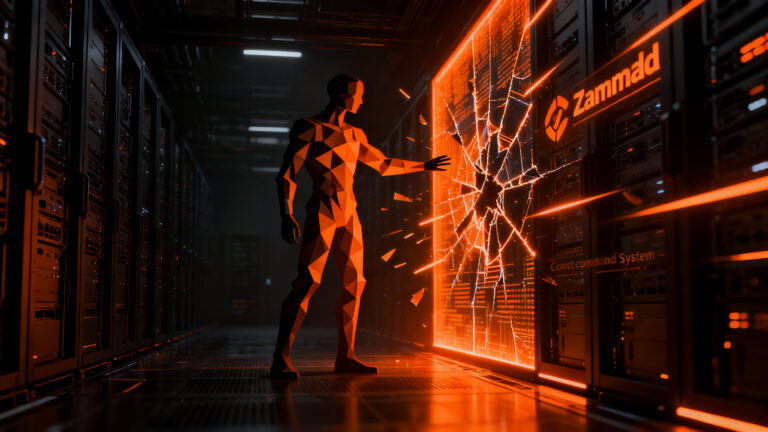 Agente de inteligencia artificial autónomo ejecutando un ataque de ciberseguridad sobre una infraestructura digital, representando riesgos zero-day.