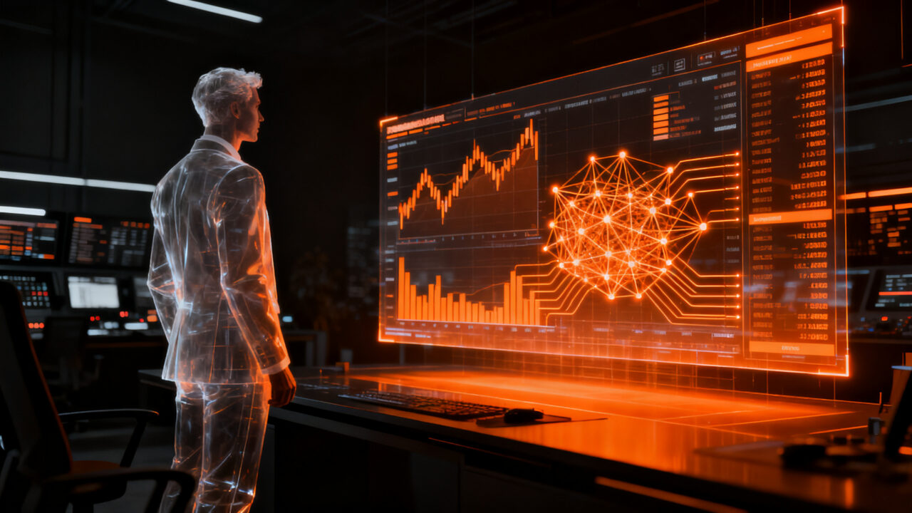 Agente de IA operando en mercados de predicción, visualizando la automatización financiera y el análisis de datos de liquidez en startups.