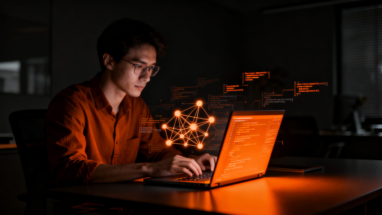 Ingeniero de software trabajando en desarrollo offline con agentes de IA locales y Ollama en su laptop sin internet.