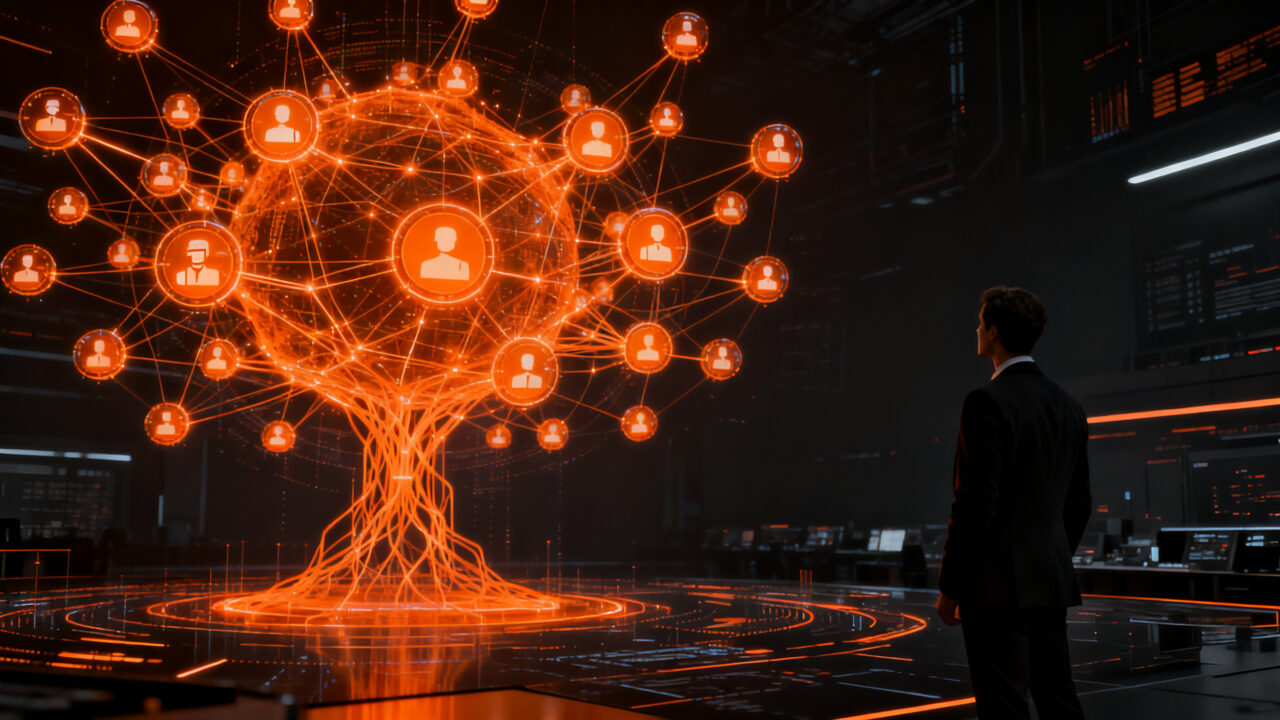 Representación visual de agentes de IA autónomos interactuando en un entorno corporativo de alta tecnología, simbolizando la evolución de la automatización empresarial.