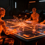 Agentes de inteligencia artificial autónomos coordinándose en un entorno digital futurista representando el futuro de la automatización tech.