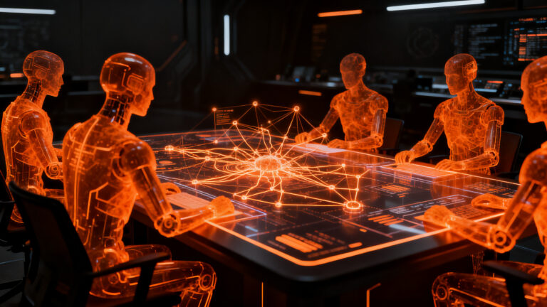 Agentes de inteligencia artificial autónomos coordinándose en un entorno digital futurista representando el futuro de la automatización tech.