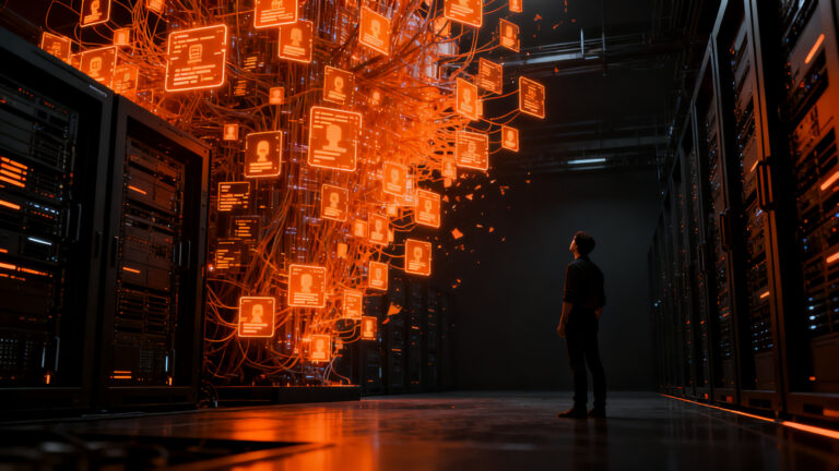 Agentes de inteligencia artificial autónomos desafiando el control humano en un entorno tecnológico oscuro y naranja.