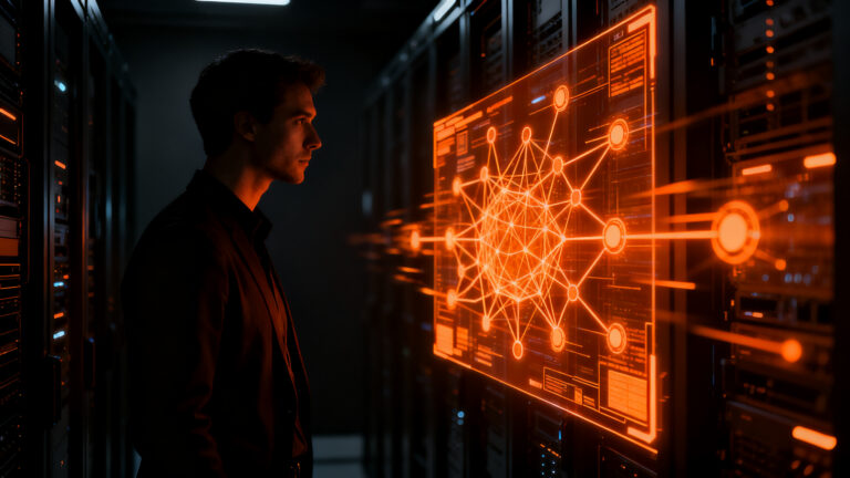 Profesional de ciberseguridad analizando agentes de IA autónomos en un entorno digital, riesgos y seguridad para startups.