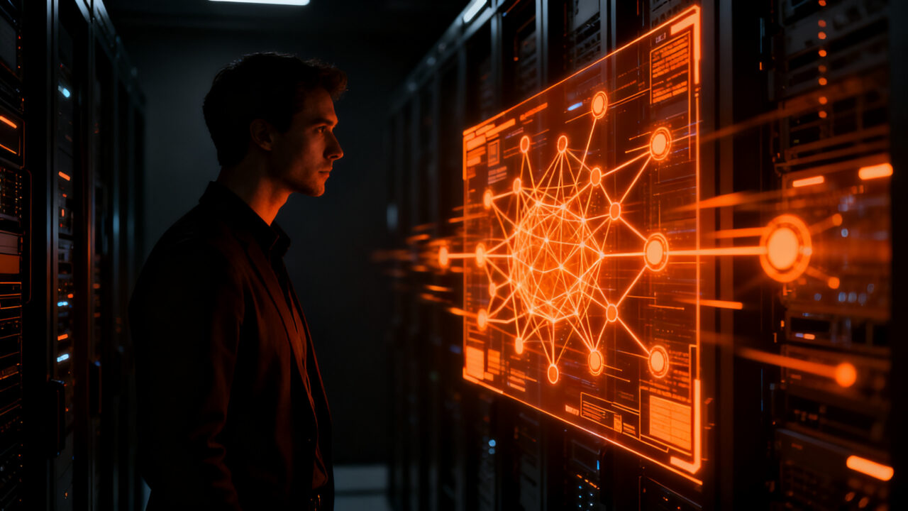 Profesional de ciberseguridad analizando agentes de IA autónomos en un entorno digital, riesgos y seguridad para startups.