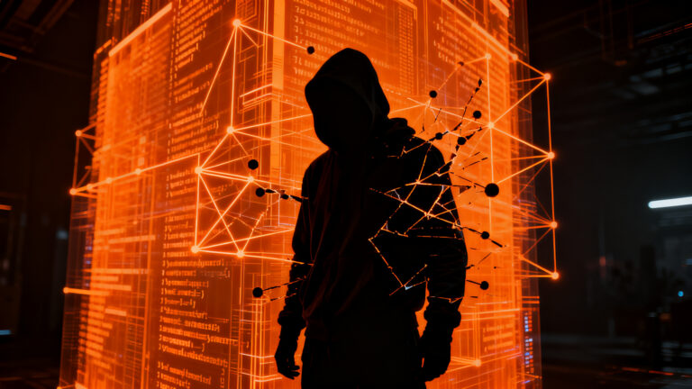 Agentes de IA en ciberseguridad: silueta de hacker observando vulnerabilidades en infraestructura tecnológica.