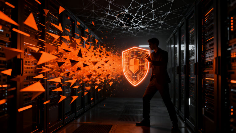 Un experto en ciberseguridad protegiendo datos de una red neuronal frente a ataques de agentes de IA, representando la urgencia de la ciberseguridad en startups.