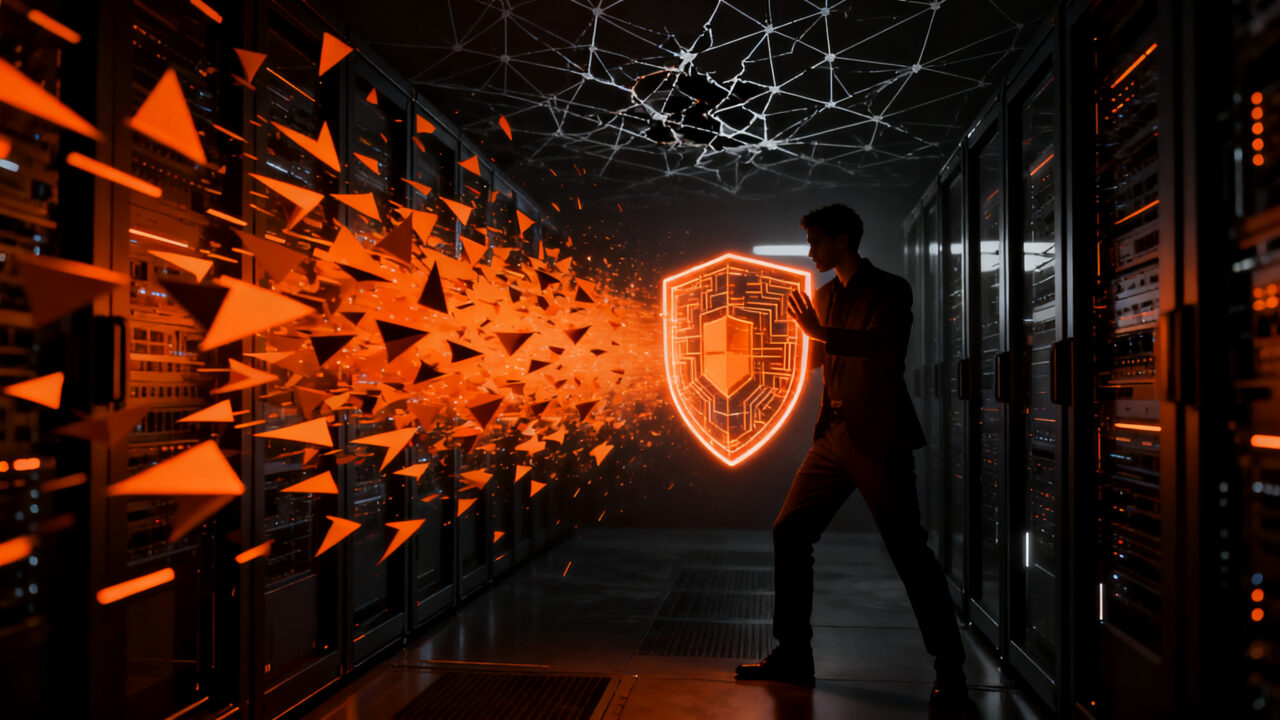 Un experto en ciberseguridad protegiendo datos de una red neuronal frente a ataques de agentes de IA, representando la urgencia de la ciberseguridad en startups.