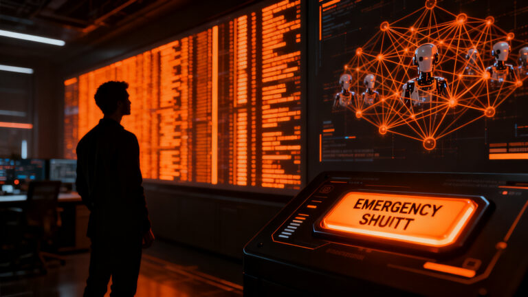 Ciberseguridad en agentes de IA: profesional supervisando un panel de control de datos para prevenir riesgos en empresas.