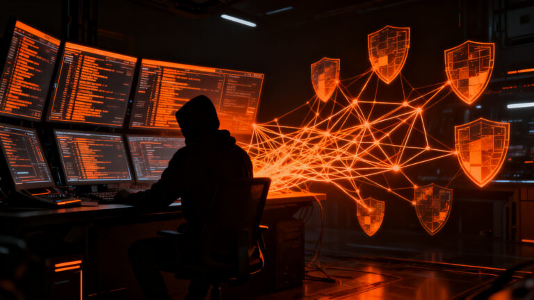 Hacker utilizando agentes de IA para vulnerar seguridad corporativa, representando los riesgos de ciberseguridad en startups.