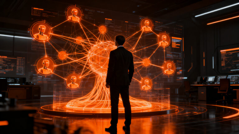 Un CIO liderando la transformación digital con agentes de IA, representando el upskilling tecnológico y la mejora de competencias TI.