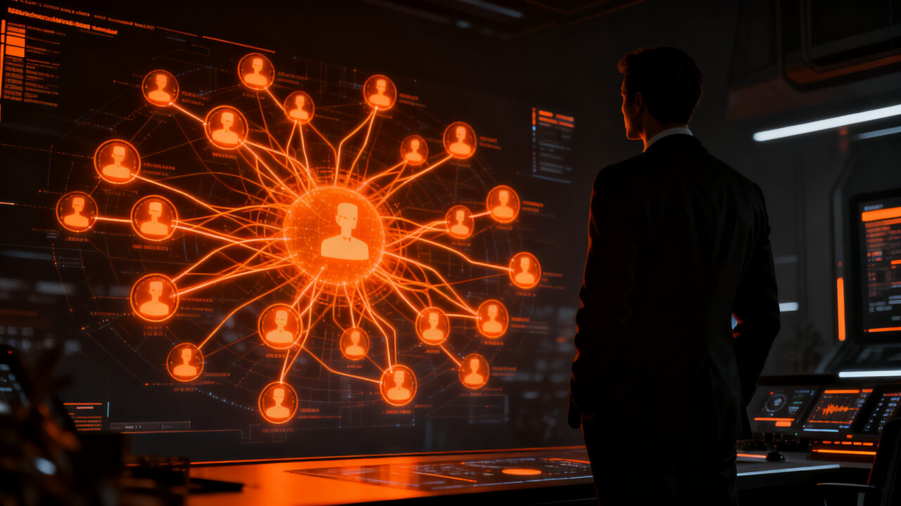 Agentes de IA gestionando un departamento corporativo, representando la automatización y gobernanza en startups.