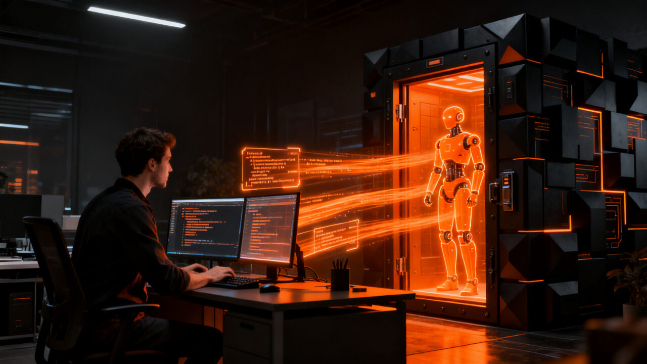 Desarrollador trabajando con agentes de IA bajo un entorno de seguridad y gobernanza digital, reflejando el estudio de 1Password sobre riesgos y control.