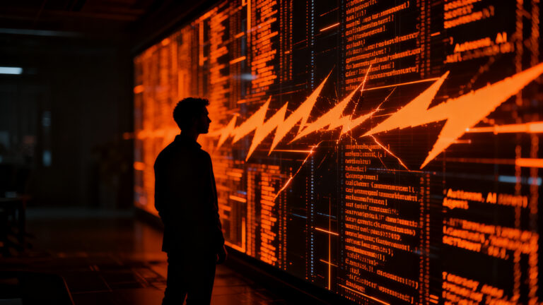 Agentes de inteligencia artificial autónomos realizando intentos de intrusión digital en sistemas gubernamentales, representando riesgos de ciberseguridad para startups.
