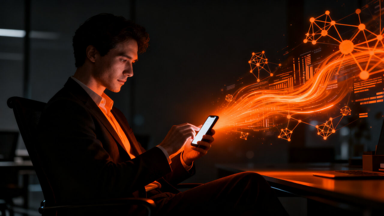 Agentes de IA integrados en mensajería móvil para automatización SaaS, representando la comunicación fluida entre humanos y tecnología.