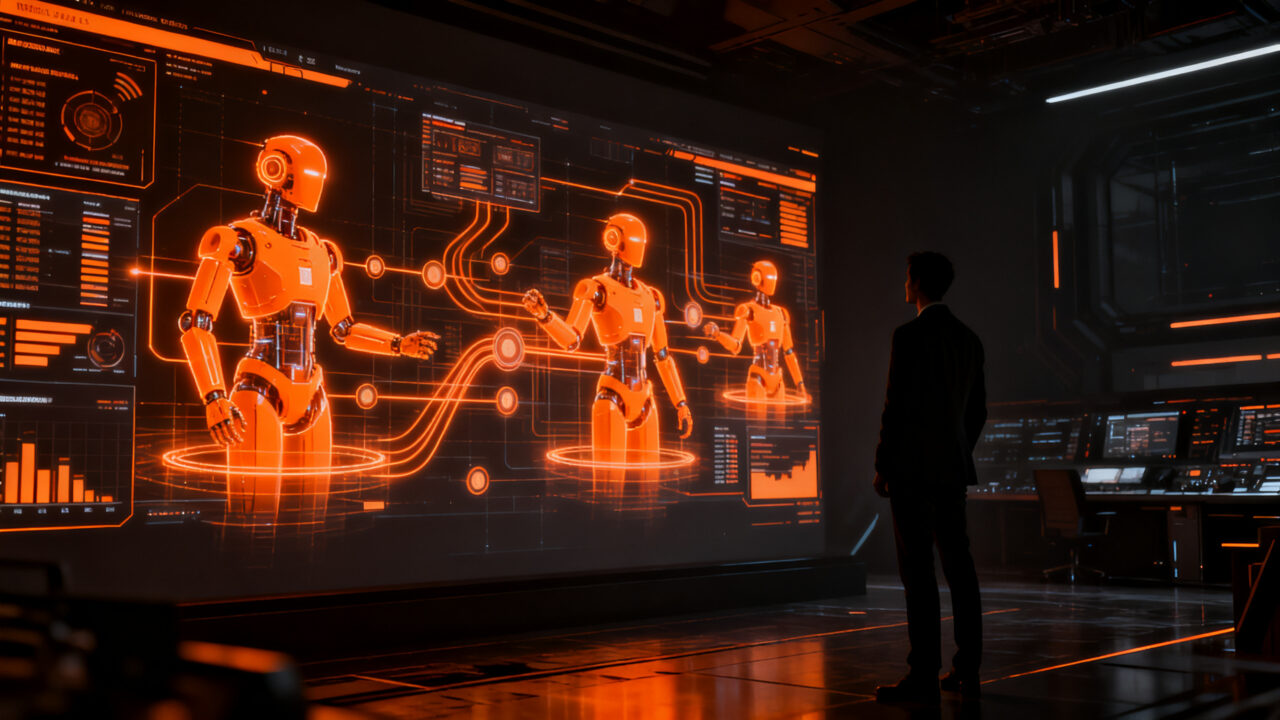 Agentes de IA ejecutando tareas empresariales complejas para mejorar la productividad, concepto inspirado en Oracle AI World.