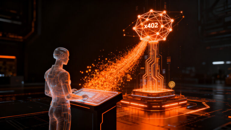 Agentes de IA realizando micropagos cripto en la red Base, representando el futuro del comercio agéntico y la automatización financiera.