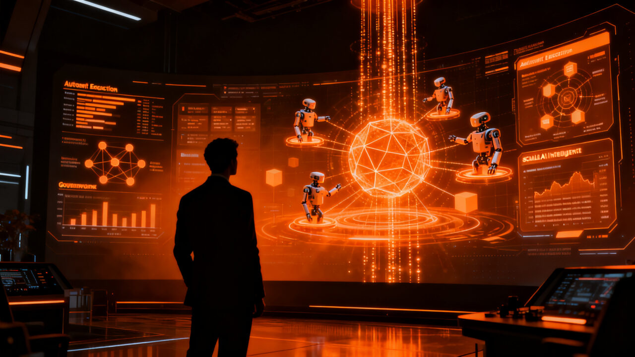 Representación visual de agentes de IA ejecutando procesos empresariales autónomos en el ecosistema SAP, destacando la gobernanza y la innovación tecnológica.