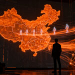 Agentes de inteligencia artificial en la nube rastreando datos competitivos en China, representando el scraping de datos y la inteligencia competitiva en el sector tecnológico.