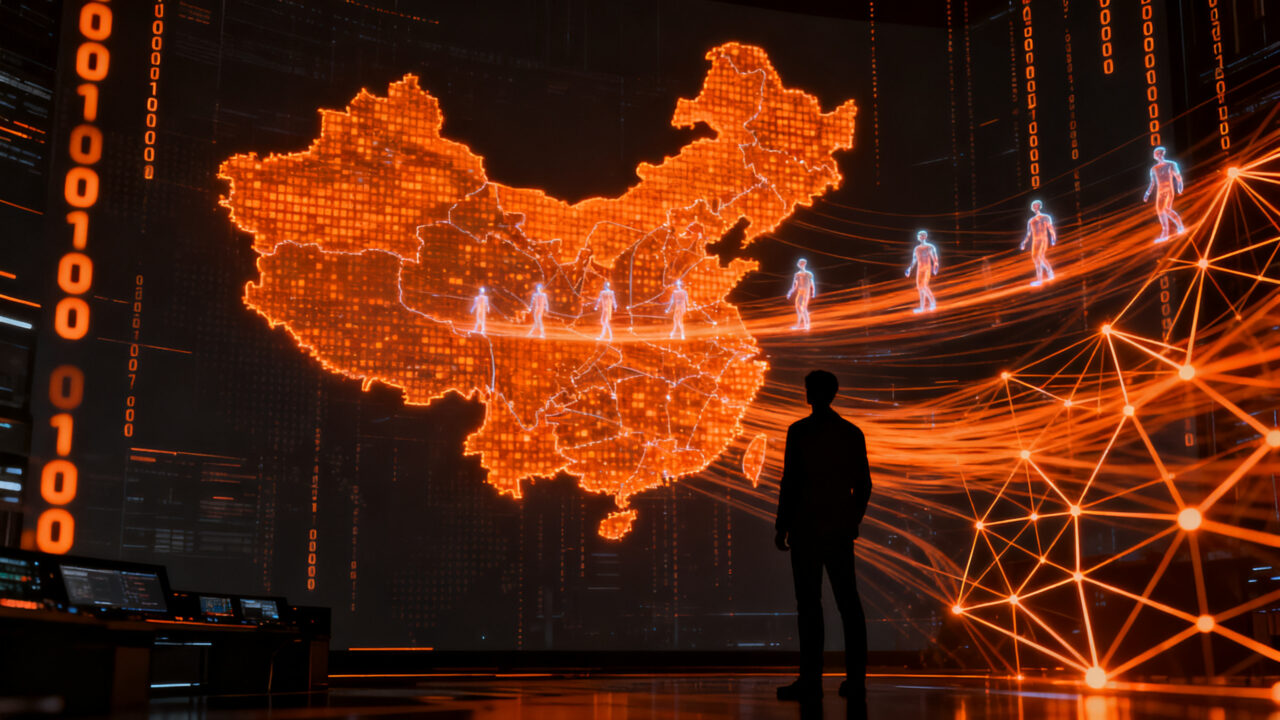 Agentes de inteligencia artificial en la nube rastreando datos competitivos en China, representando el scraping de datos y la inteligencia competitiva en el sector tecnológico.