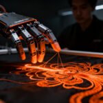 Mano robótica OmniHand 3 Ultra de AGILINK bordando seda, simbolizando la precisión de la robótica humanoide avanzada y el éxito de la startup unicornio.