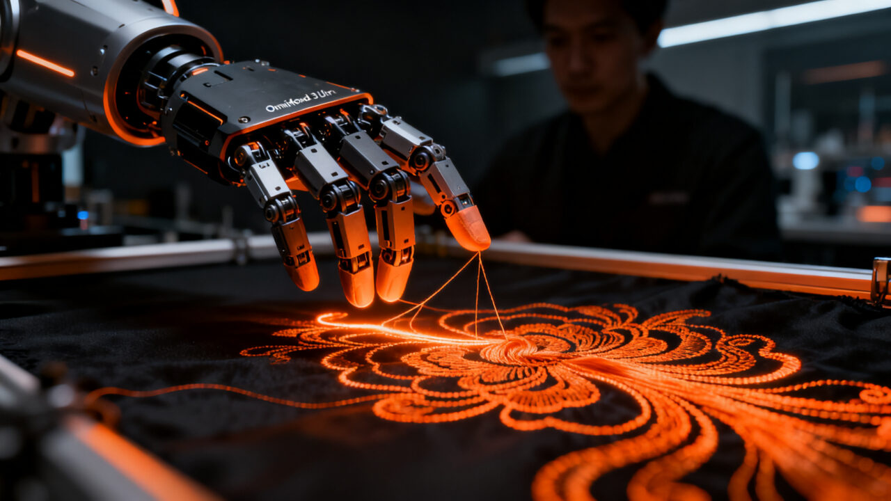 Mano robótica OmniHand 3 Ultra de AGILINK bordando seda, simbolizando la precisión de la robótica humanoide avanzada y el éxito de la startup unicornio.