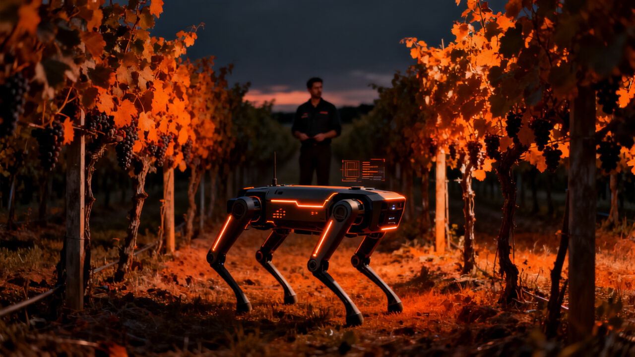 Perro robot con IA patrullando campos de viñedos para agricultura de precisión y agritech en España.