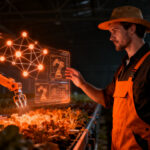 Granjero utilizando tecnología de inteligencia artificial y robótica en un entorno agrícola modernizado, impulsado por el proyecto AgriFoodTEF.