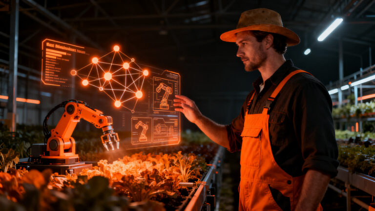 Granjero utilizando tecnología de inteligencia artificial y robótica en un entorno agrícola modernizado, impulsado por el proyecto AgriFoodTEF.