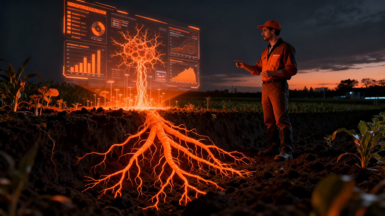 Startup de agrotech analizando el microbioma del suelo con tecnología biotecnológica para una agricultura innovadora y sostenible.