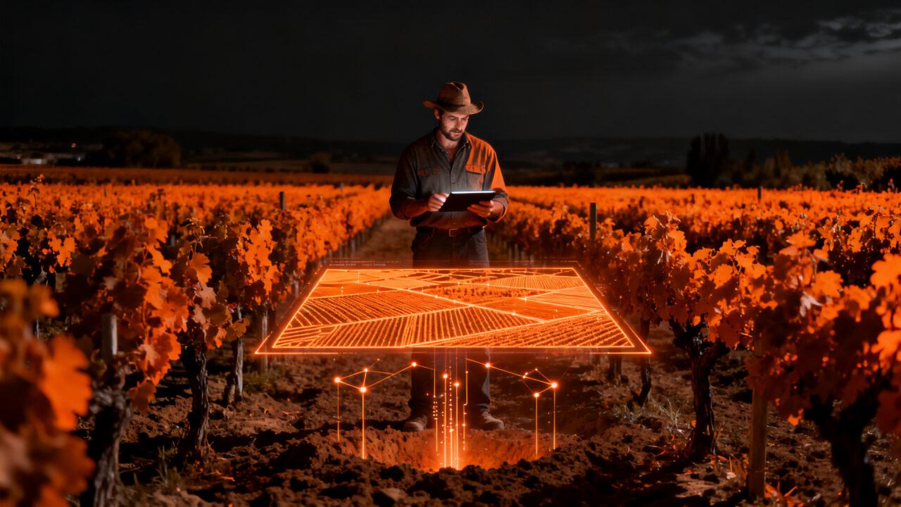 Agricultor analizando cultivos de viñedo mediante IA satelital en La Rioja para agricultura de precisión.