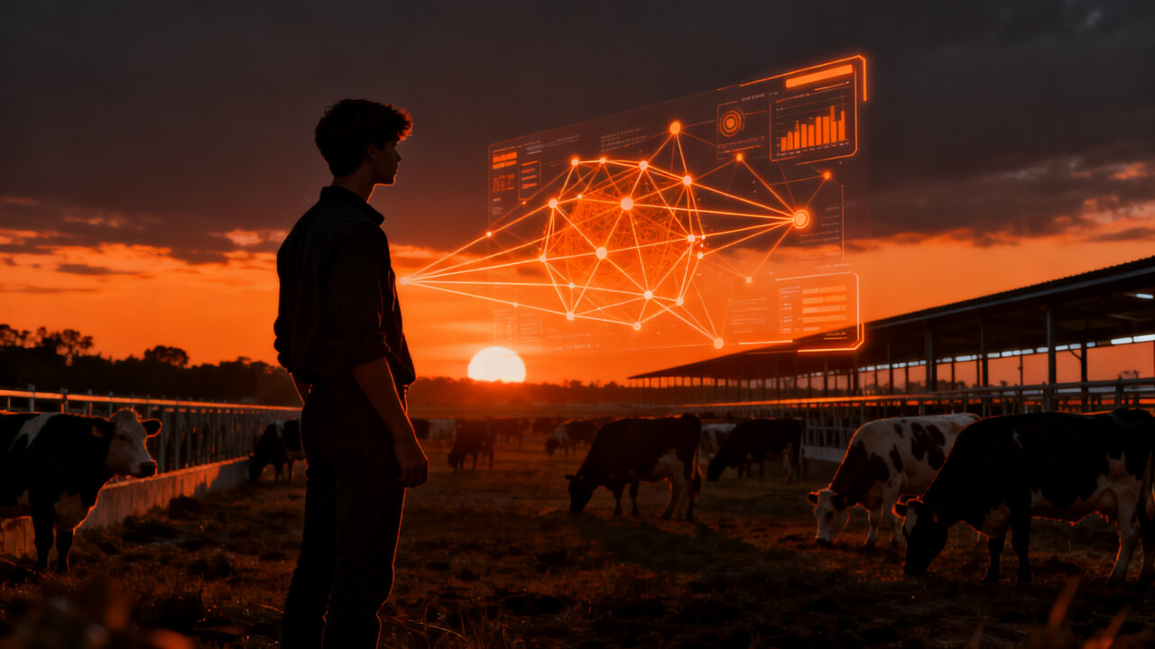 Joven emprendedor gestionando datos ganaderos digitalizados en una finca, representando la innovación agrotech y fintech en Venezuela.