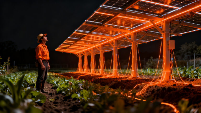 Tecnología agrovoltaica: agricultor trabajando bajo paneles solares para reducir el estrés térmico en los cultivos.