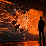 Un experto en ciberseguridad analizando una red de agentes de IA, representando la alerta de Google DeepMind sobre riesgos de seguridad y hackeos.