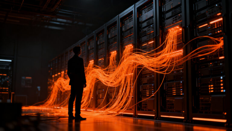 Agentes de IA accediendo a servidores de datos, representando los riesgos de ciberseguridad y la vulnerabilidad en la infraestructura cloud.