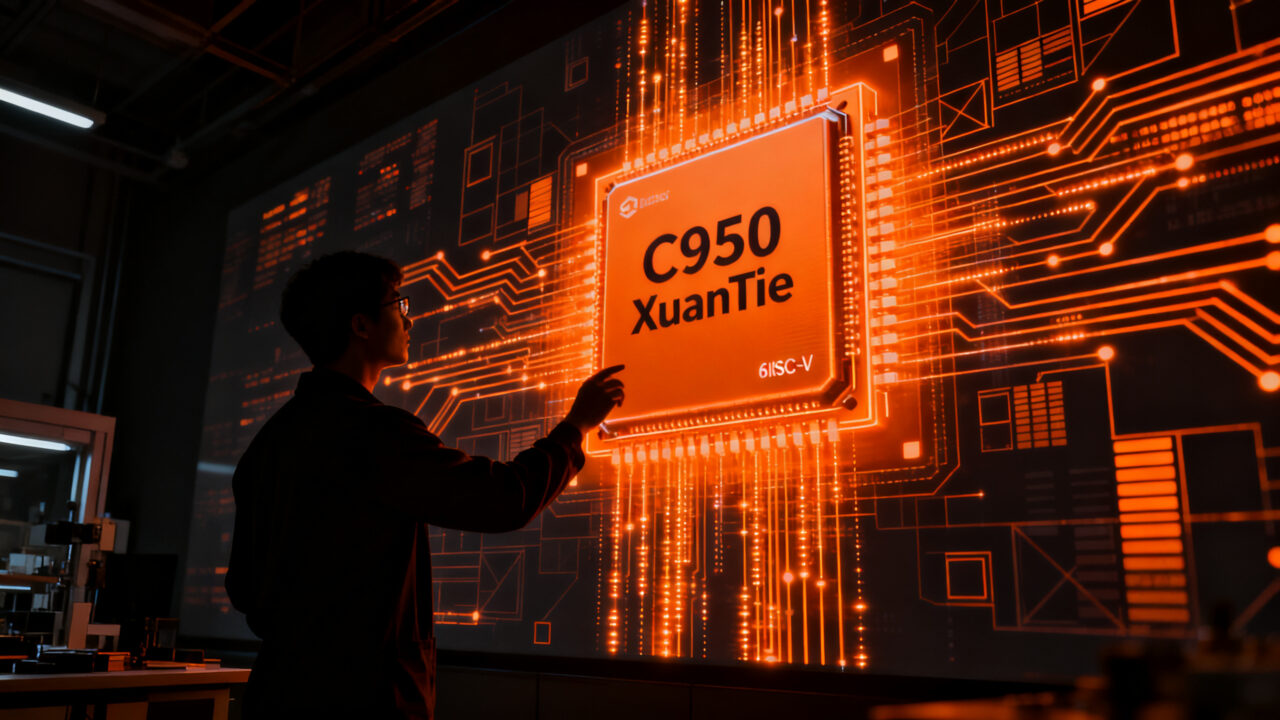 Ingeniero analizando arquitectura de procesadores RISC-V de Alibaba, representando la soberanía tecnológica en semiconductores.