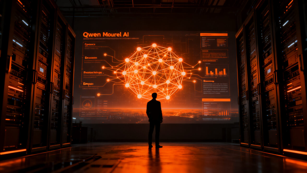 Líder tecnológico analizando una red de IA open source para la soberanía tecnológica europea, estilo editorial.