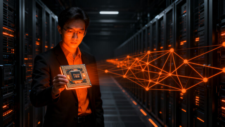 Ingeniero analizando el chip IA Alibaba Zhenwu V900 en un centro de datos masivo, representando la soberanía tecnológica frente a Nvidia.