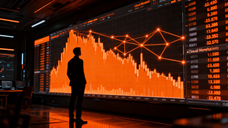 Gráfico bursátil descendente con silueta de analista financiero analizando datos de Alphabet y Google Cloud en entorno tecnológico.