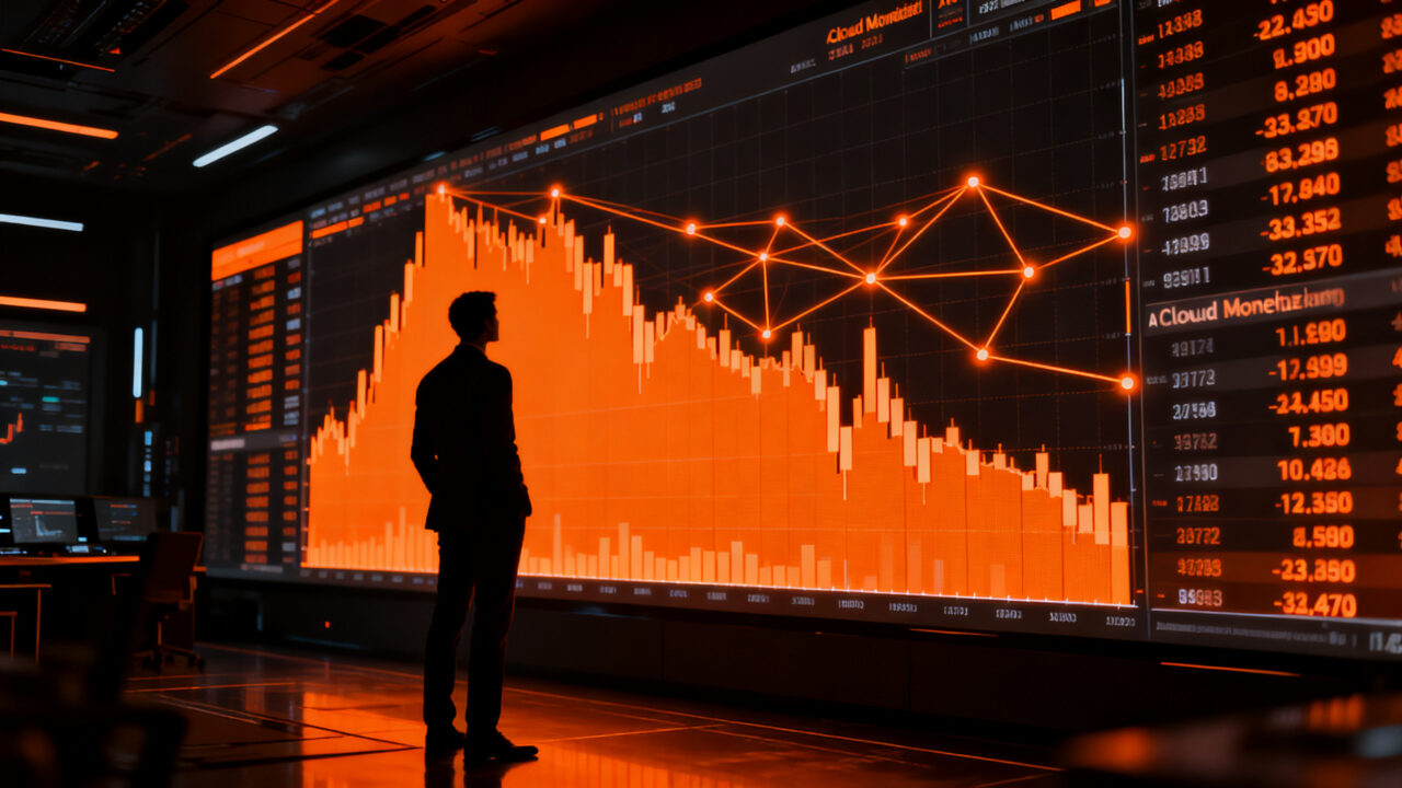 Gráfico bursátil descendente con silueta de analista financiero analizando datos de Alphabet y Google Cloud en entorno tecnológico.