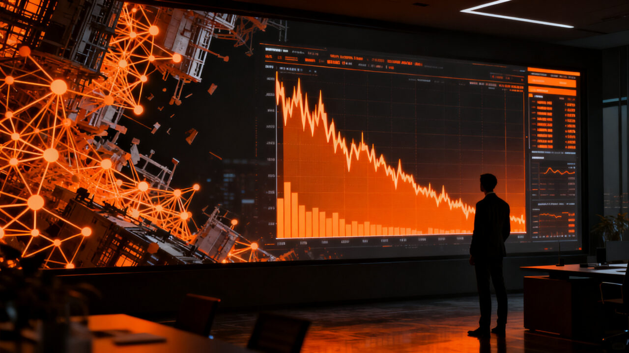 Analista observando gráficos de mercado descendentes y redes de infraestructura IA, simbolizando el impacto de la monetización en el sector tecnológico.