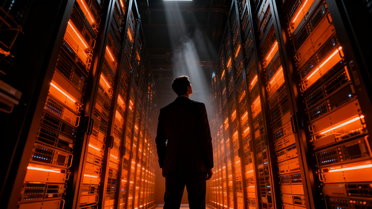 Silueta de profesional observando la infraestructura de un centro de datos masivo, representando la transparencia y regulación en AWS.
