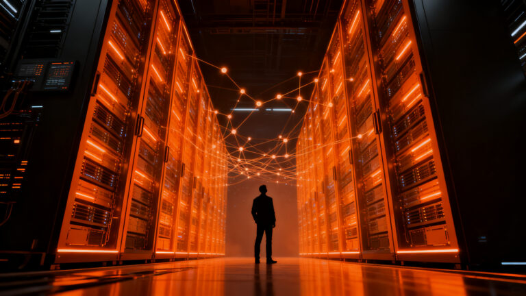 Infraestructura de centros de datos de IA y transparencia corporativa, representando el impacto de Amazon en el ecosistema startup.