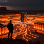 Ambrosia Energy construyendo infraestructura de almacenamiento de energía para data centers, representando la independencia energética y la innovación en baterías.