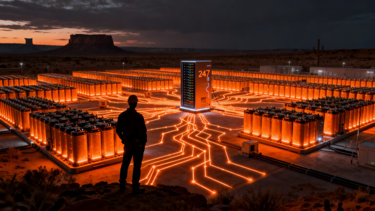 Ambrosia Energy construyendo infraestructura de almacenamiento de energía para data centers, representando la independencia energética y la innovación en baterías.